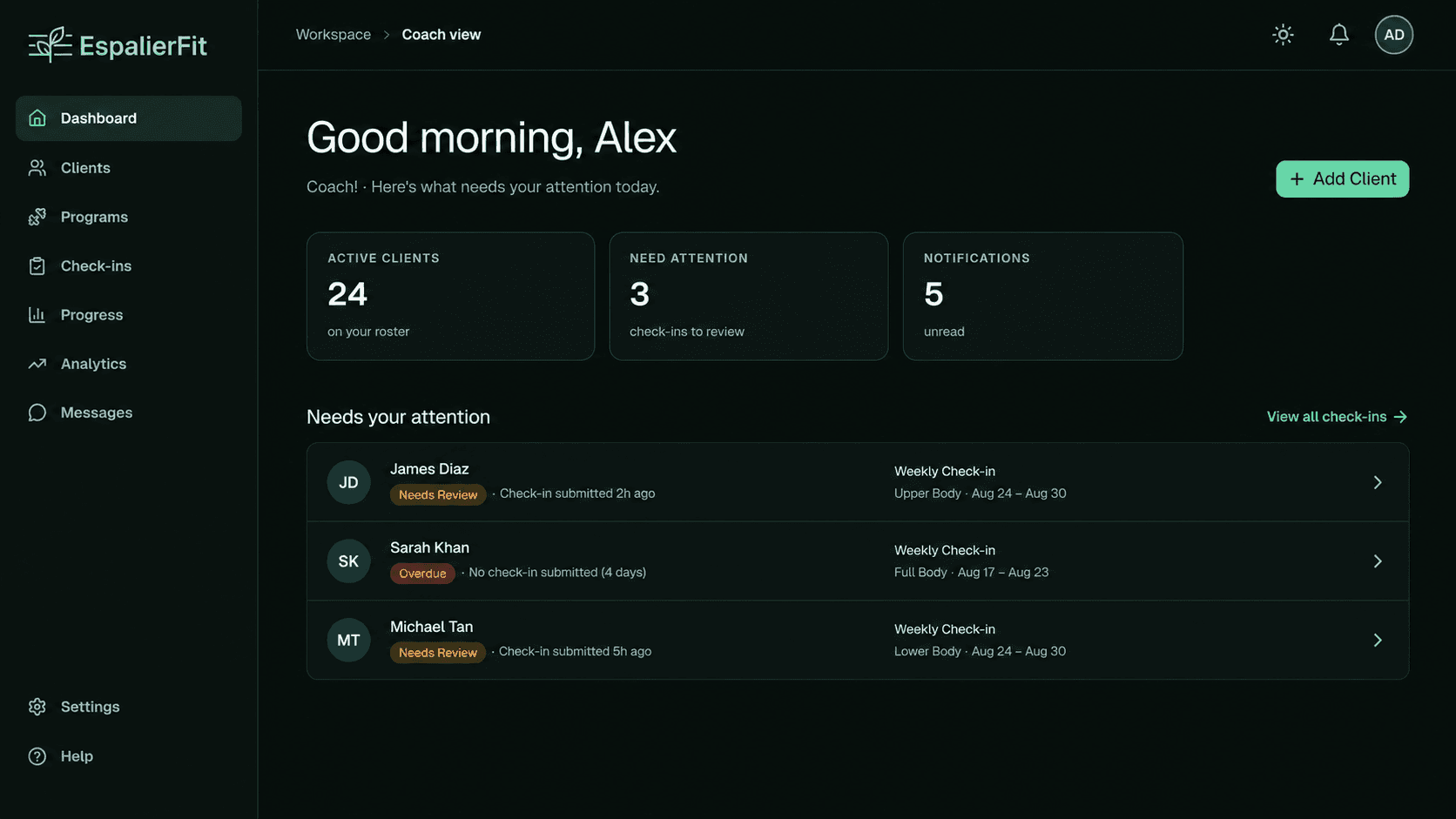 EspalierFit Coach Dashboard